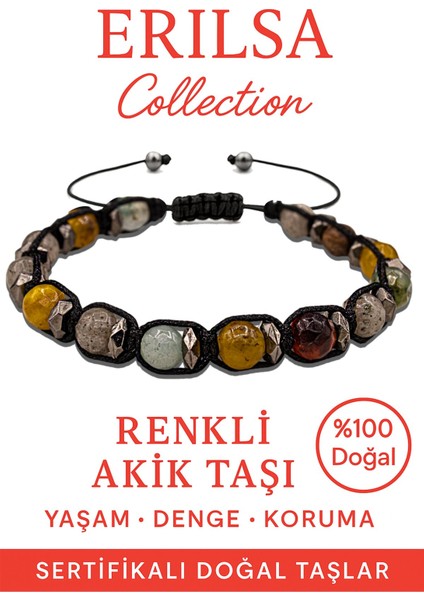 Sertifikalı Fasetli Terahertz & Sarı-Kırmızı-Beyaz Akik Bileklik – Güç, Cesaret ve Saflık