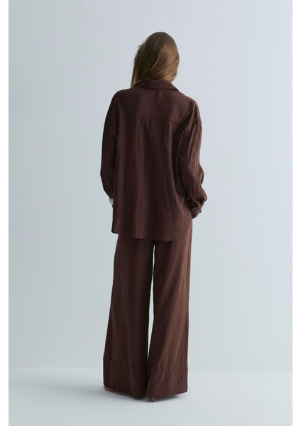 Koyu Kahve Serin Oversize Keten Gömlek modelleri