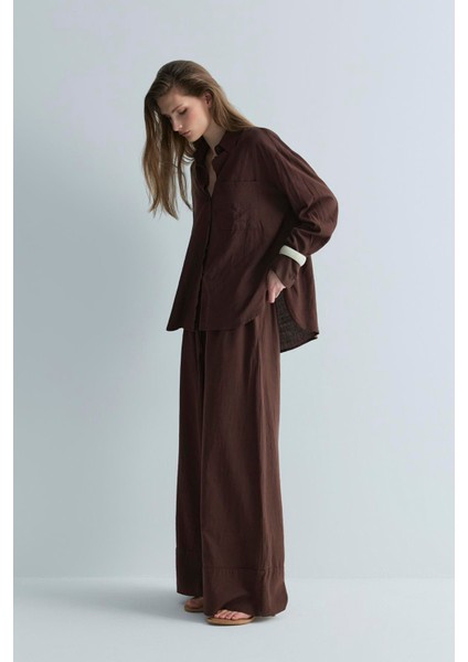 Koyu Kahve Serin Oversize Keten Gömlek fırsatları