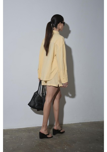 Sarı Serin Oversize Keten Gömlek