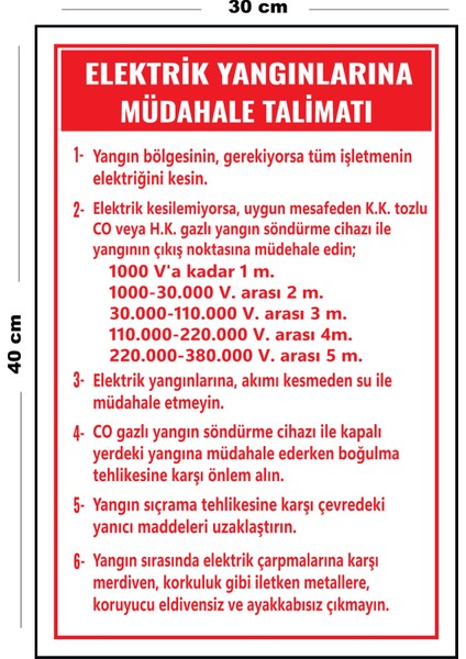 Metal Elektrik Yangınlarına Müdahale Talimatı 30 cm x 40 cm A3 Büyüklüğünde Uyarı Levhası Yönlendir