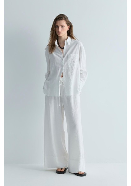 Beyaz Serin Oversize Keten Gömlek