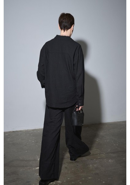 Siyah Serin Oversize Keten Gömlek
