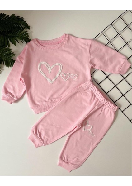 Kalp Desenli Pudra 2'li Kız Bebek Takım