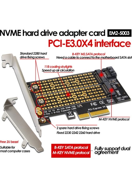 Pcı-E 3.0 X4 - Nvme M.2 Ngff M Anahtar SSD Yükseltici Genişletme Kartı EM2-5003 (Yurt Dışından)