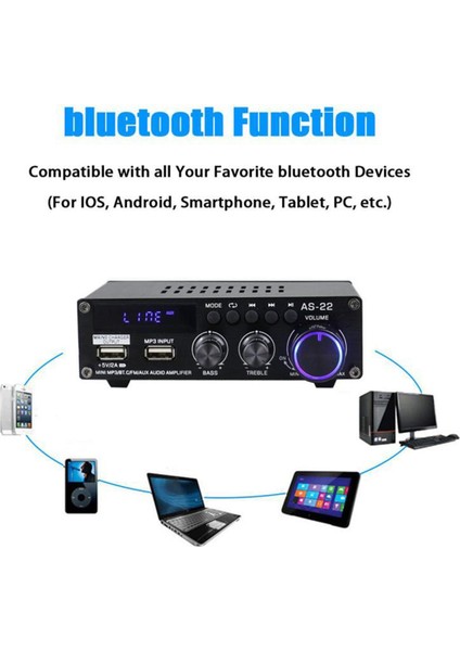 AS22 Hifi Dijital Amplifikatör 30WX2 2.0 Kanal Bluetooth Abd Fişi (Yurt Dışından)