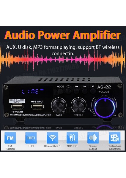 AS22 Hifi Dijital Amplifikatör 30WX2 2.0 Kanal Bluetooth Abd Fişi (Yurt Dışından)