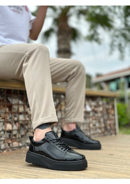 ET8104 Yüksek Taban Rugan Siyah Bağcıklı Erkek Ayakkabı