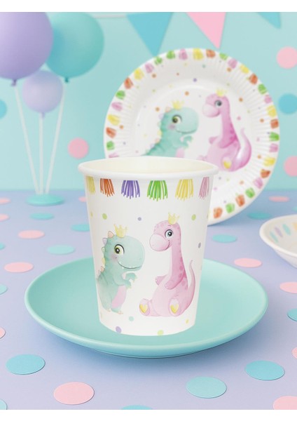 Sevimli Dinozor Temalı Bardak Karton Doğum Günü Bardağı 8'li