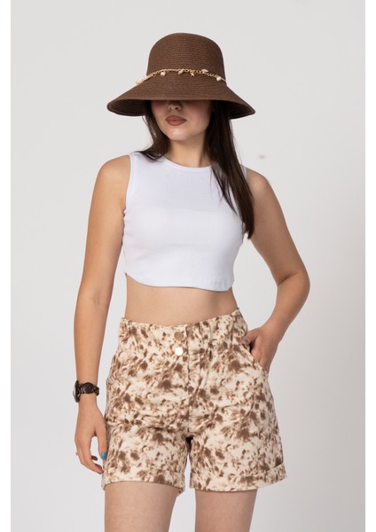 Beli Lastikli ve Düğmeli Denim Gabardin Cepli Yüksek Bel Şort 30160 fırsatları