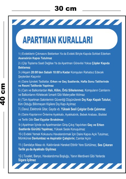 Metal Apartman Kuralları 30CM x 40CM A3 Büyüklüğünde Uyarı Levhası Yönlendirme Tabelası