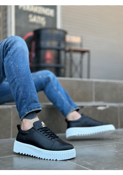 ET8104 Yüksek Taban Siyah Cilt Bağcıklı Erkek Ayakkabı