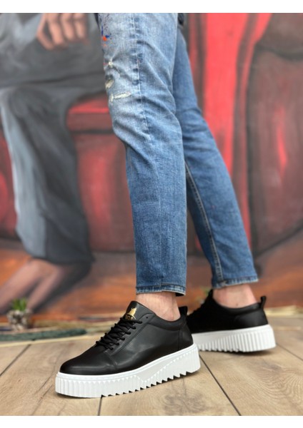 ET8104 Yüksek Taban Siyah Cilt Bağcıklı Erkek Ayakkabı modelleri