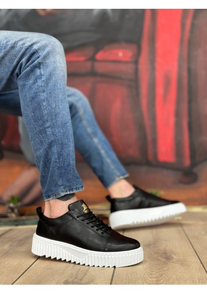 ET8104 Yüksek Taban Siyah Cilt Bağcıklı Erkek Ayakkabı fırsatları
