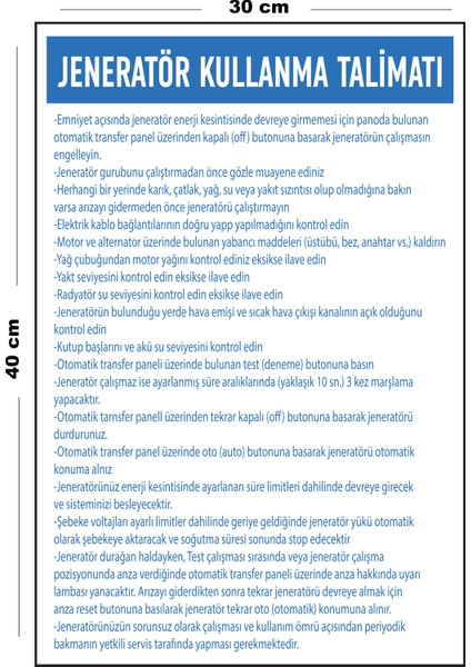 Metal Jeneratör Kullanma Talimatı 30 cm x 40 cm A3 Büyüklüğünde Uyarı Levhası Yönlendirme Tabelası