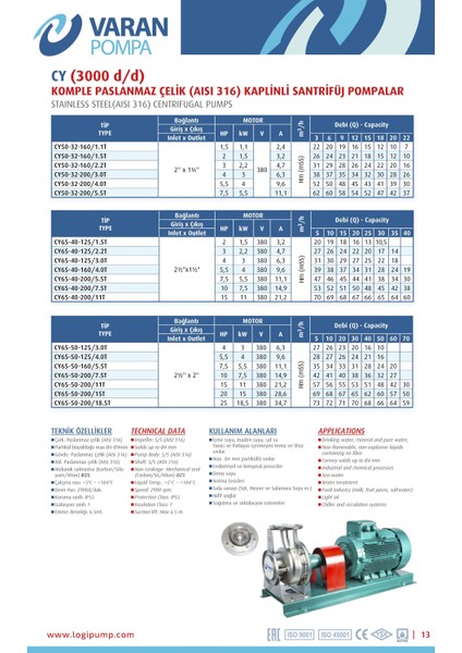 Varan CY 50-32-160/2.2T Paslanmaz Santrifüj Pompa 3 HP / 2.2 kW, Trifaze 380 V, 31 Mss (AISI 316)