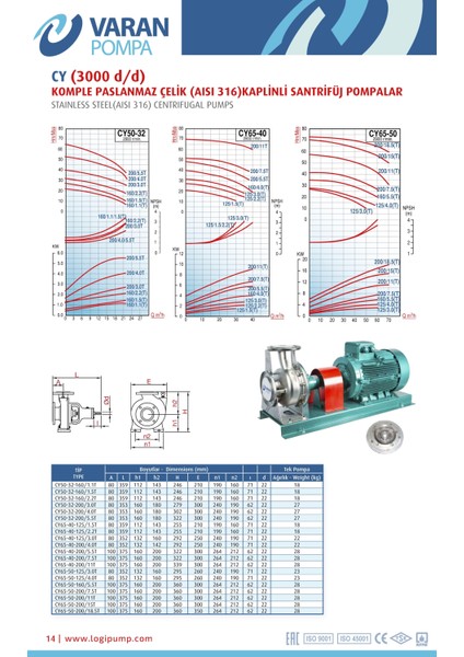 Varan CY 50-32-160/2.2T Paslanmaz Santrifüj Pompa 3 HP / 2.2 kW, Trifaze 380 V, 31 Mss (AISI 316)