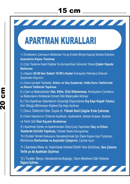 Metal Apartman Kuralları 15CM x 20CM Uyarı Levhası Yönlendirme Tabelası