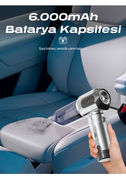Ahv-14 2'si 1 Arada Kablosuz Araç Içi Süpürge Gümüş | 18000PA Güçlü Vakum + Üfleme | Cam Kırıcı & Kemer Kesici Acil Durum Özellikli