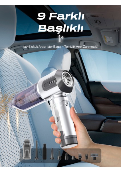 Ahv-14 2'si 1 Arada Kablosuz Araç Içi Süpürge Gümüş | 18000PA Güçlü Vakum + Üfleme | Cam Kırıcı & Kemer Kesici Acil Durum Özellikli
