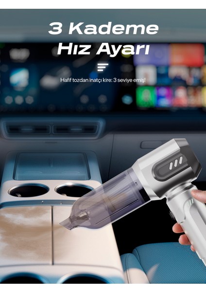 Ahv-14 2'si 1 Arada Kablosuz Araç Içi Süpürge Gümüş | 18000PA Güçlü Vakum + Üfleme | Cam Kırıcı & Kemer Kesici Acil Durum Özellikli