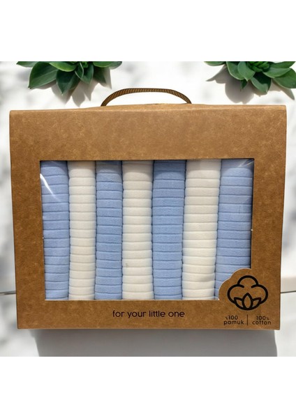 %100 Organik Pamuklu Erkek Bebek Ağız Mendili Kutulu 7'li Set Mavi Beyaz