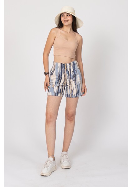 Beli Lastikli ve Düğmeli Denim Gabardin Cepli Yüksek Bel Şort 30160 fiyatları