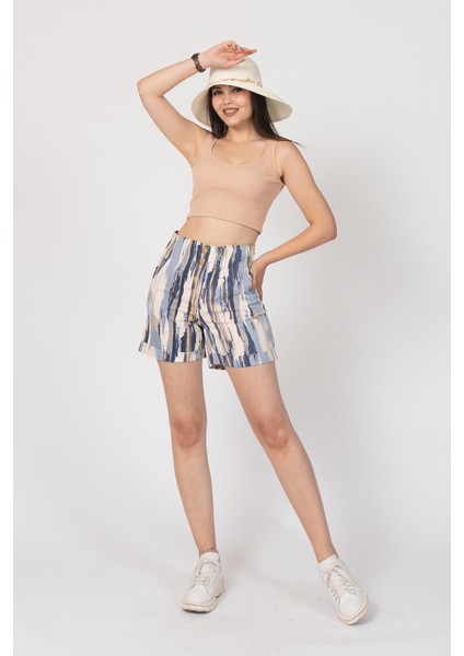 Beli Lastikli ve Düğmeli Denim Gabardin Cepli Yüksek Bel Şort 30160 modelleri