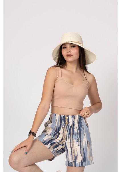 Beli Lastikli ve Düğmeli Denim Gabardin Cepli Yüksek Bel Şort 30160 fırsatları