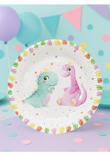 Sevimli Dinozor Temalı Tabak Karton Doğum Günü Tabağı 8'li
