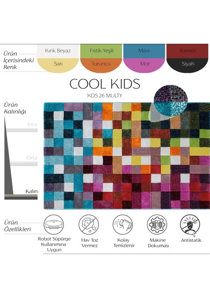 Cool Kids 26 Multi Çocuk Odası Halısı Hav Toz Vermez Yumuşak Dokulu Bebek Odası Halısı