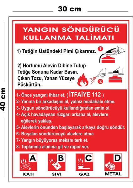 Metal Yangın Söndürücü Kullanma Talimatı 30 cm x 40 cm A3 Büyüklüğünde Uyarı Levhası Yönlendirme