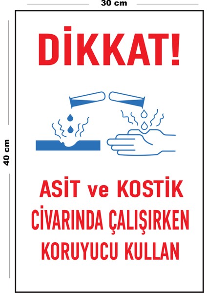 Metal Dikkat Asit ve Kostik Civarında Çalışırken Koruyucu Kullan 30 cm x 40 cm A3 Büyüklüğünde Uyarı