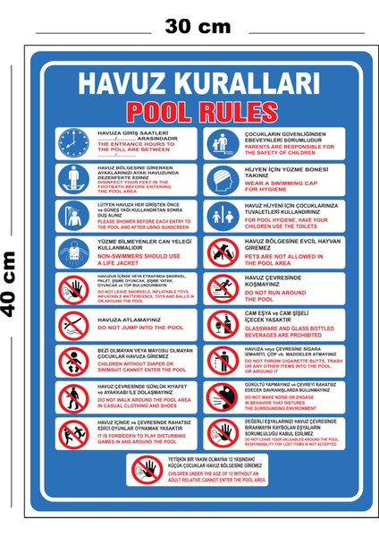 Metal Havuz Kuralları 30CM x 40CM A3 Büyüklüğünde Uyarı Levhası Yönlendirme Tabelası