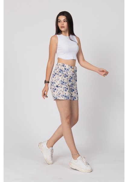 Beli Lastikli ve Düğmeli Denim Gabardin Cepli Yüksek Bel Şort 30160