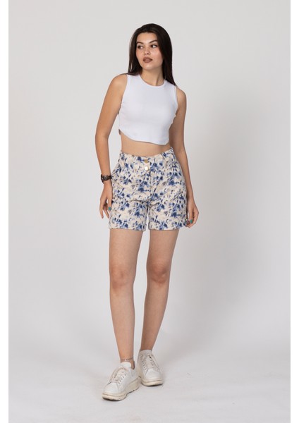 Beli Lastikli ve Düğmeli Denim Gabardin Cepli Yüksek Bel Şort 30160 fiyatları