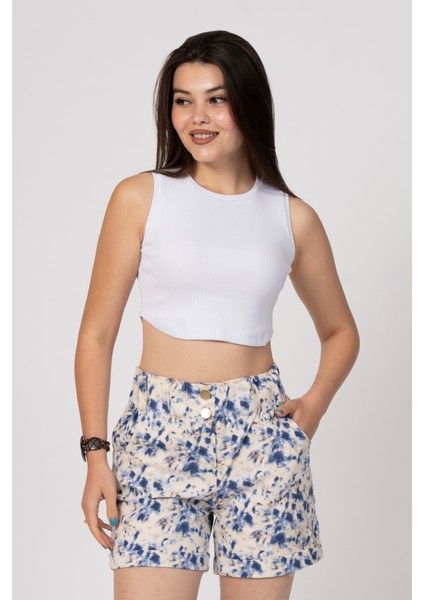 Beli Lastikli ve Düğmeli Denim Gabardin Cepli Yüksek Bel Şort 30160 fırsatları