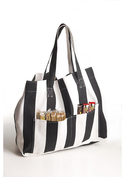 Kadın Kanvas 2 Cepli Günlük Renkli Plaj Omuz Çantası Siyah fırsatları