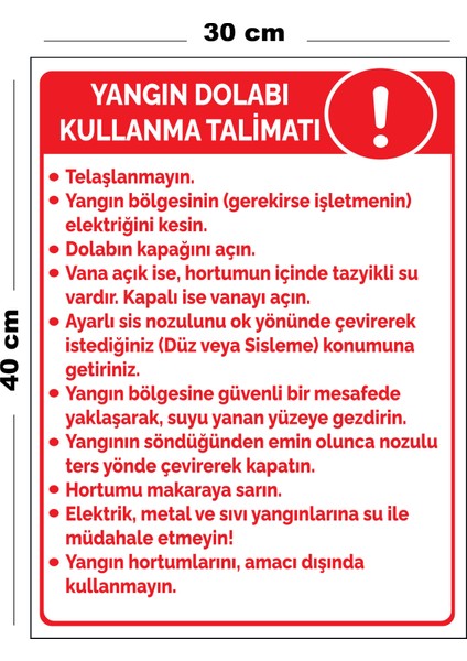 Metal Yangın Dolabı Kullanma Talimatı 30 cm x 40 cm A3 Büyüklüğünde Uyarı Levhası Yönlendirme Tabela