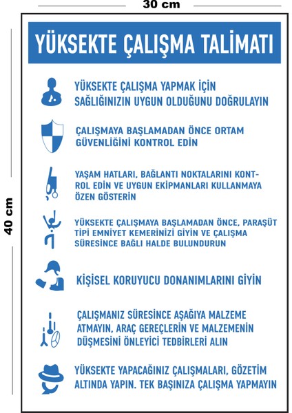 Metal Yüksekte Çalışma Talimatı 30 cm x 40 cm A3 Büyüklüğünde Uyarı Levhası Yönlendirme Tabelası