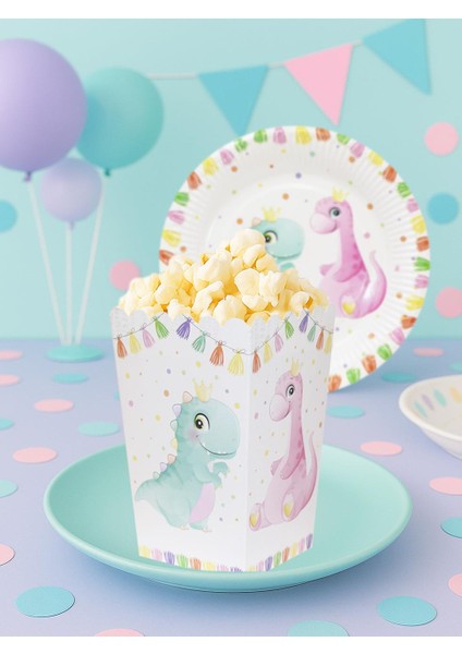 Sevimli Dinozor Temalı Karton Mısır Kutusu Popcorn Kutusu 8'li
