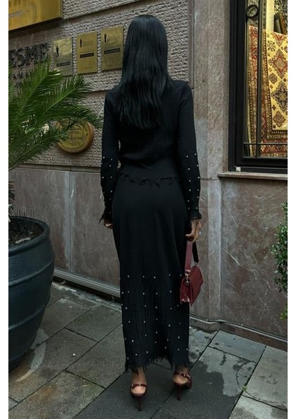 Kolları Inci Detaylı ve Uzun Kollu Standart Beden Cepsiz Üçlü Kadın Takım ( 3 Parça ) Siyah
