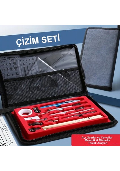 Çizim Seti, Mühendislik, Mimarlık, Mekanik, Pergel, Açı Ölçer, Cetveller-Çantalı Set modelleri