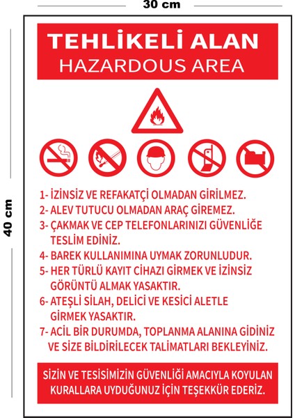 Metal Tehlikeli Alan 30 cm x 40 cm A3 Büyüklüğünde Uyarı Levhası Yönlendirme Tabelası