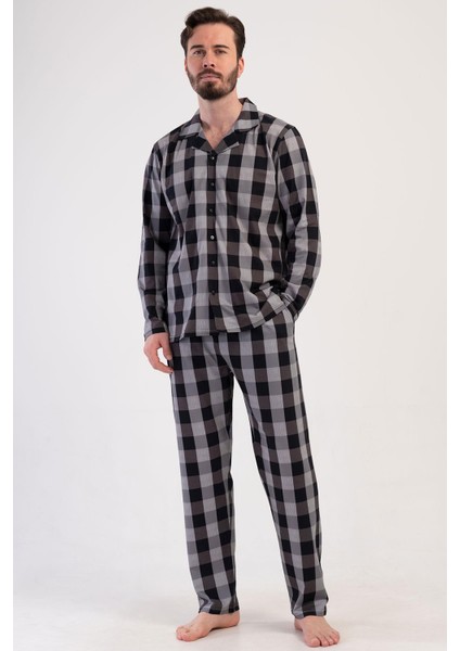 Erkek Uzun Kol Önden Düğmeli Siyah Pijama Takım C0T9N1O904