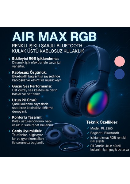 Aır Max Rgb Renkli Işıklı Şarjlı Bluetooth Kulak Üstü Kablosuz Kulaklık PL-2360 (5132)