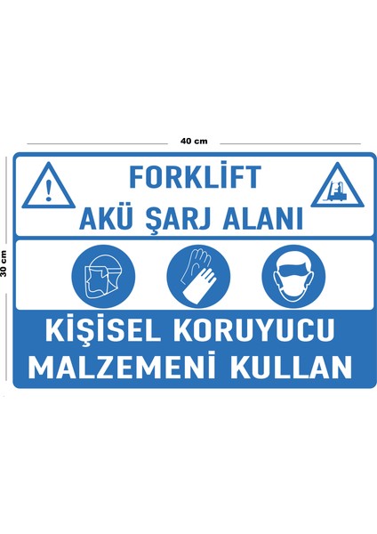 Metal Forklift Akü Şarj Alanı Kişisel Koruyucu Malzemeni Kullan 30 cm x 40 cm A3 Büyüklüğünde Uyarı