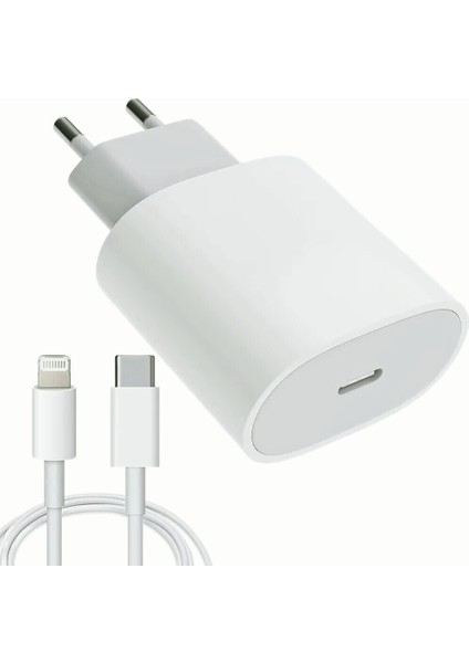 Apple Uyumlu 20W Şarj Adaptorü Type-C Başlık + Type C To Lightning Kablo- Yüksek Kalite - 20W Power Adapter