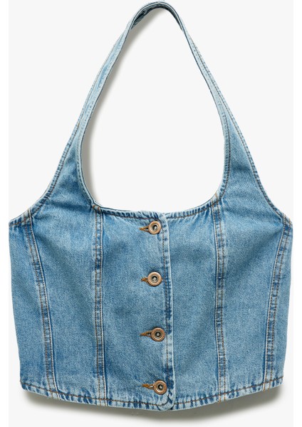Halter Yaka Düğmeli Dar Kesim Kolsuz Crop Denim Üst