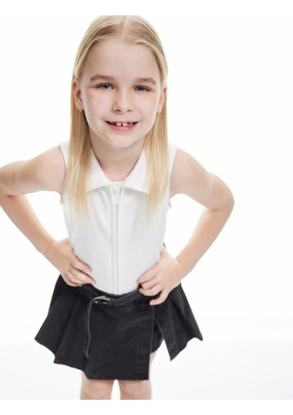 Pamuklu Fermuarlı Dar Kesim Gömlek Yaka Kolsuz Crop Atlet